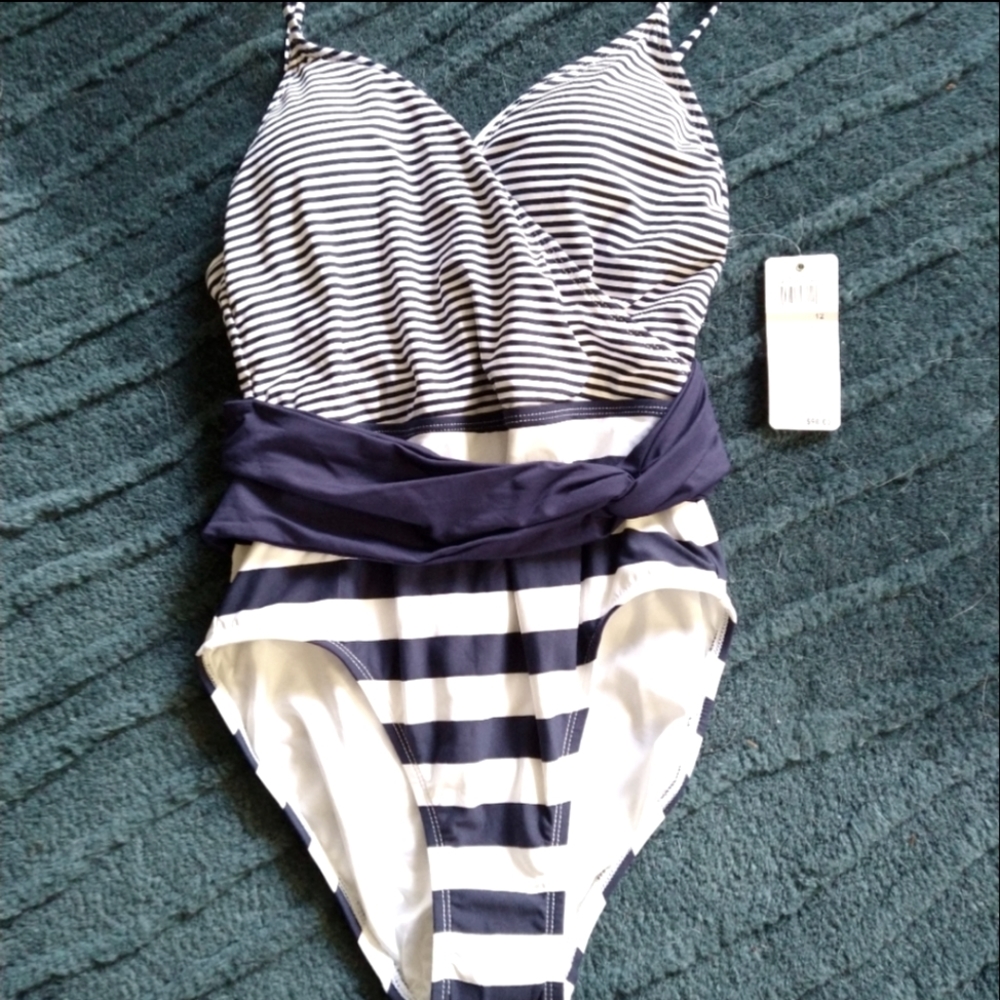 Anne Cole One Piece Swimsuit Navy White Nautical 12 NWT